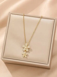 1pc Luxurious Gold-Tone Rhinestone Floral Pendant Necklace, Minimalist Chic Unisex Stainless Steel Necklace, Fashionable Casual Street Style - Yellow Gold - View 1