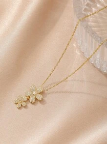 1pc Luxurious Gold-Tone Rhinestone Floral Pendant Necklace, Minimalist Chic Unisex Stainless Steel Necklace, Fashionable Casual Street Style - Yellow Gold - View 2