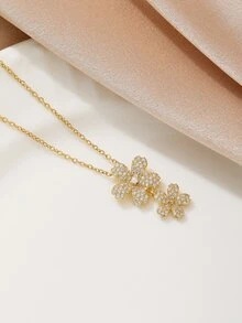 1pc Luxurious Gold-Tone Rhinestone Floral Pendant Necklace, Minimalist Chic Unisex Stainless Steel Necklace, Fashionable Casual Street Style - Yellow Gold - View 3
