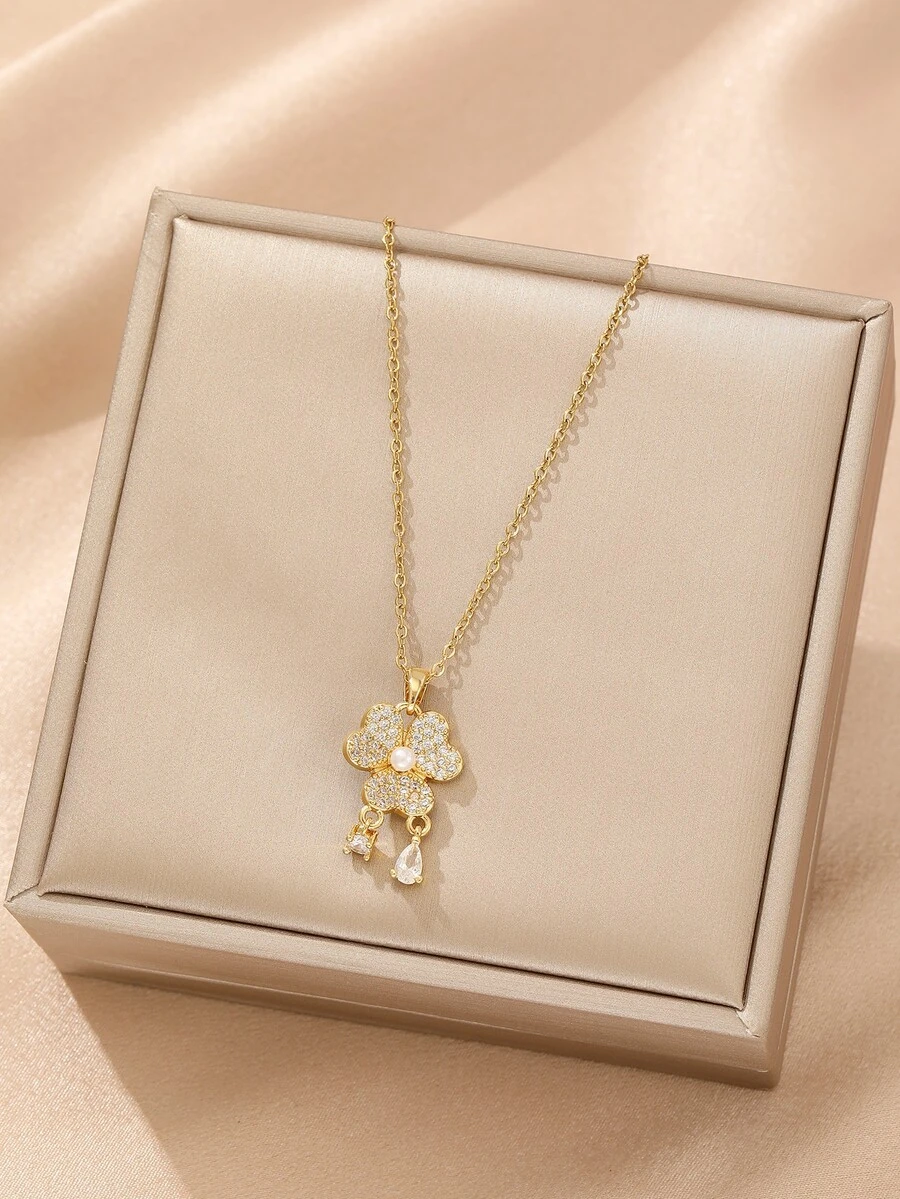 1pc Luxury Gold-Tone Rhinestone Clover Pendant Necklace, Minimalist Chic Unisex Stainless Steel Necklace, Fashionable Casual Street Style - Yellow Gold - View 1