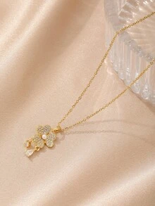 1pc Luxury Gold-Tone Rhinestone Clover Pendant Necklace, Minimalist Chic Unisex Stainless Steel Necklace, Fashionable Casual Street Style - Yellow Gold - View 2