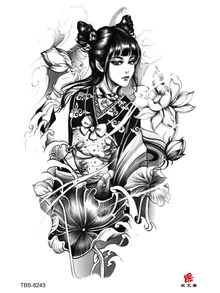 蓮花女孩肖像設計暫時性刺青貼紙,男女身體藝術,防水且可棄式,適用於手臂,大腿,背部 - 黑色 - 查看 5