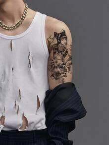 蓮花女孩肖像設計暫時性刺青貼紙,男女身體藝術,防水且可棄式,適用於手臂,大腿,背部 - 黑色 - 查看 3