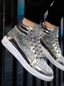 2023時尚高幫男士鞋,PU皮革發光發亮表面休閒鞋,合適的適合夏天和秋天 - 銀色 - 查看 1