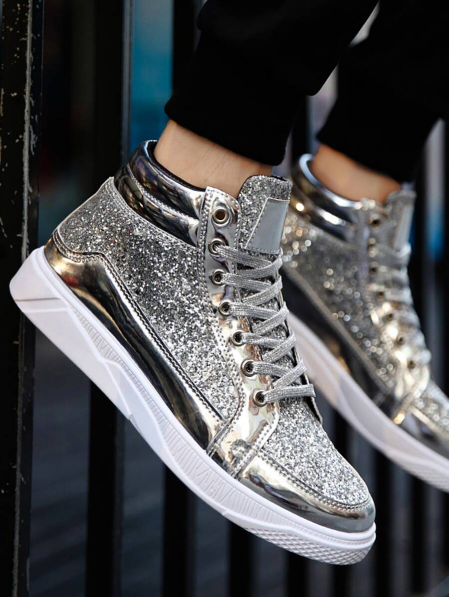 2023時尚高幫男士鞋,PU皮革發光發亮表面休閒鞋,合適的適合夏天和秋天 - 銀色 - 查看 1