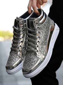 2023時尚高幫男士鞋,PU皮革發光發亮表面休閒鞋,合適的適合夏天和秋天 - 銀色 - 查看 2