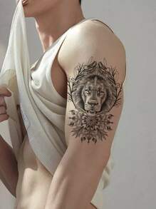 1pc Temporary Tattoo Sticker Water Transfer Technology Neutral Fake Tattoo Lion Floral Print Realistic Tattoo Sticker, Suitable For Men And Women - Black - View 4