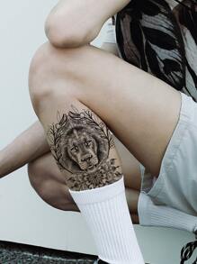 1pc Temporary Tattoo Sticker Water Transfer Technology Neutral Fake Tattoo Lion Floral Print Realistic Tattoo Sticker, Suitable For Men And Women - Black - View 3