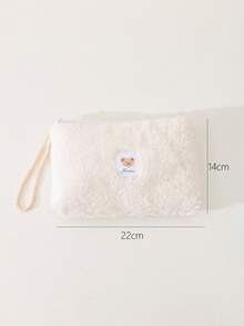 卡通小熊毛茸茸旅行化妝包，1入輕量多功能化妝品手提包，浴室淋浴錢包手提袋，帶拉鍊的口紅，刷子，護膚品，手機收納化妝品刷套組 - 白色 - 查看 5