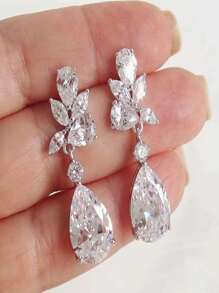 1对女士水滴形水钻装饰奢华新娘耳环，适合婚礼、皇家婚礼和情人节佩戴。 - 銀色 - 查看 1