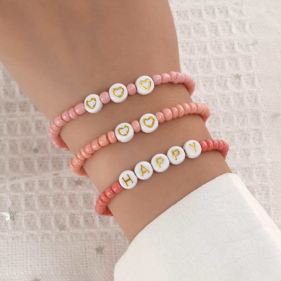 3 piezas/set Pulsera con letra & con corazón & arroz con diseño de cuenta adecuado para mujeres - Rosa - Ver 1