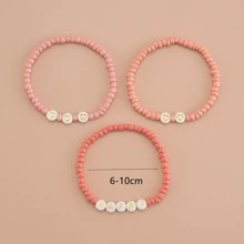 3 piezas/set Pulsera con letra & con corazón & arroz con diseño de cuenta adecuado para mujeres - Rosa - Ver 2
