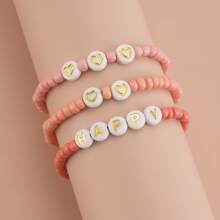 3 piezas/set Pulsera con letra & con corazón & arroz con diseño de cuenta adecuado para mujeres - Rosa - Ver 4