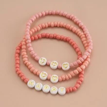 3 piezas/set Pulsera con letra & con corazón & arroz con diseño de cuenta adecuado para mujeres - Rosa - Ver 3