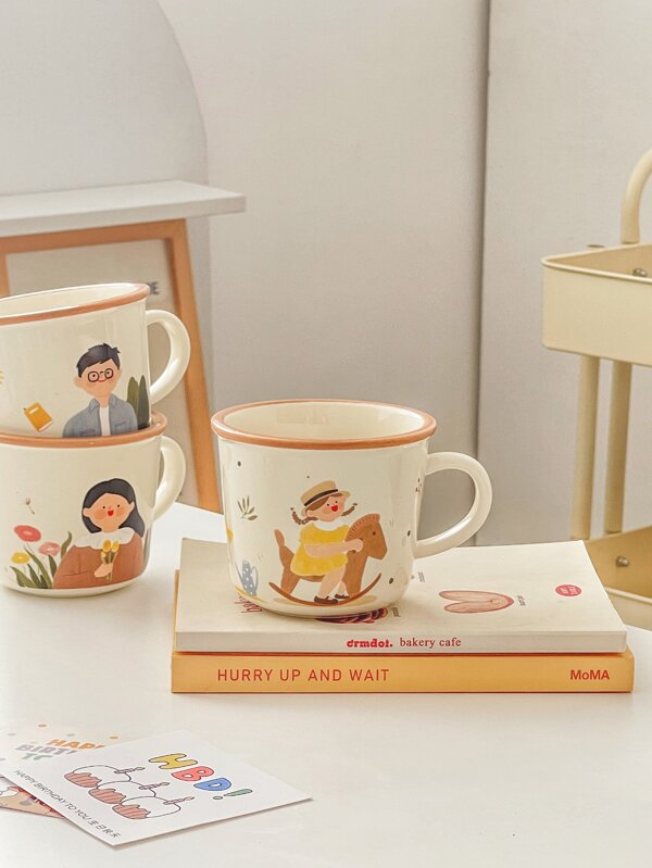 1 pièce 300ml Céramique Coupe Et 4 pièces Céramique Marquer Tasses Pour Famille , Avec Dessin Animé Mignon Design Tasse De Café Comme Domicile Cadeau