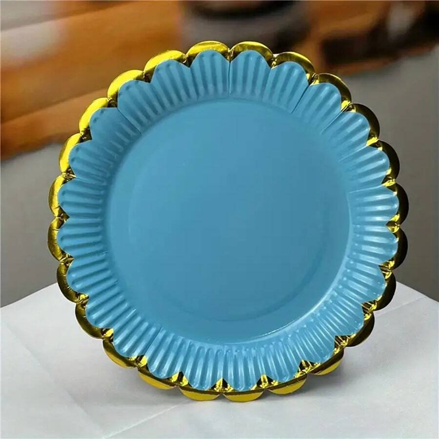 10-Pack Solid Color Foil Stamping Lace Round Paper Plates (7 Inches), Birthday Party Favors - Blue - View 1