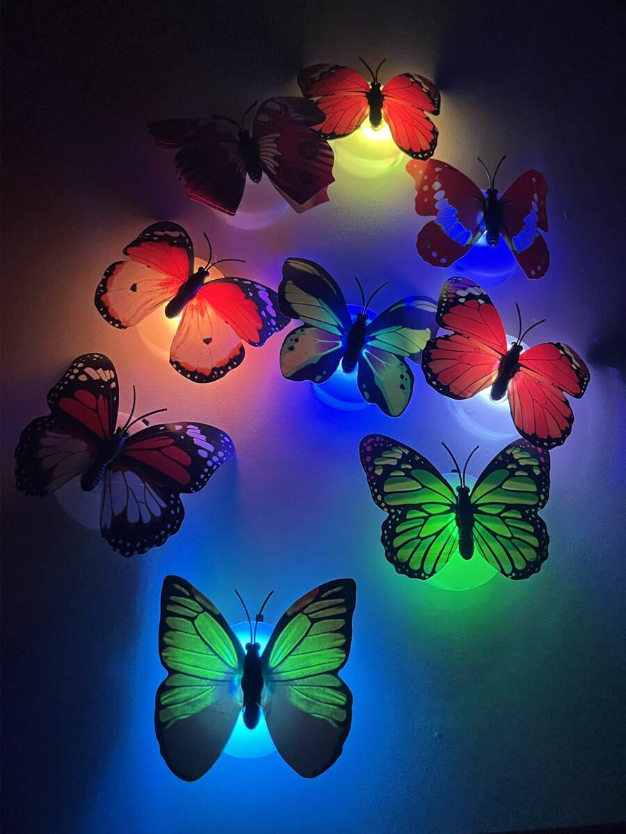 6入組蝴蝶形狀LED裝飾夜燈,變色牆貼燈,膠黏劑,隨機色 - 彩色 - 查看 1