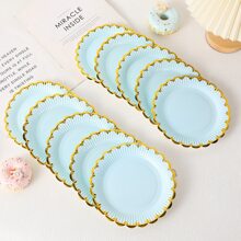 10-Pack Solid Color Foil Stamping Lace Round Paper Plates (7 Inches), Birthday Party Favors - Blue - View 2