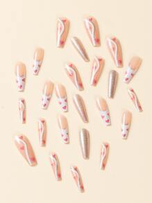 24入組/套長棺材形狀閃閃發光粉紅色熱門女孩風格指彩,愛情心形碎片閃亮歐美ins風格指甲貼,附1片指甲文件,1片果凍膠 - 彩色 - 查看 3