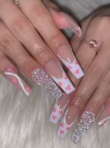 24入組/套長棺材形狀閃閃發光粉紅色熱門女孩風格指彩,愛情心形碎片閃亮歐美ins風格指甲貼,附1片指甲文件,1片果凍膠 - 彩色 - 查看 1