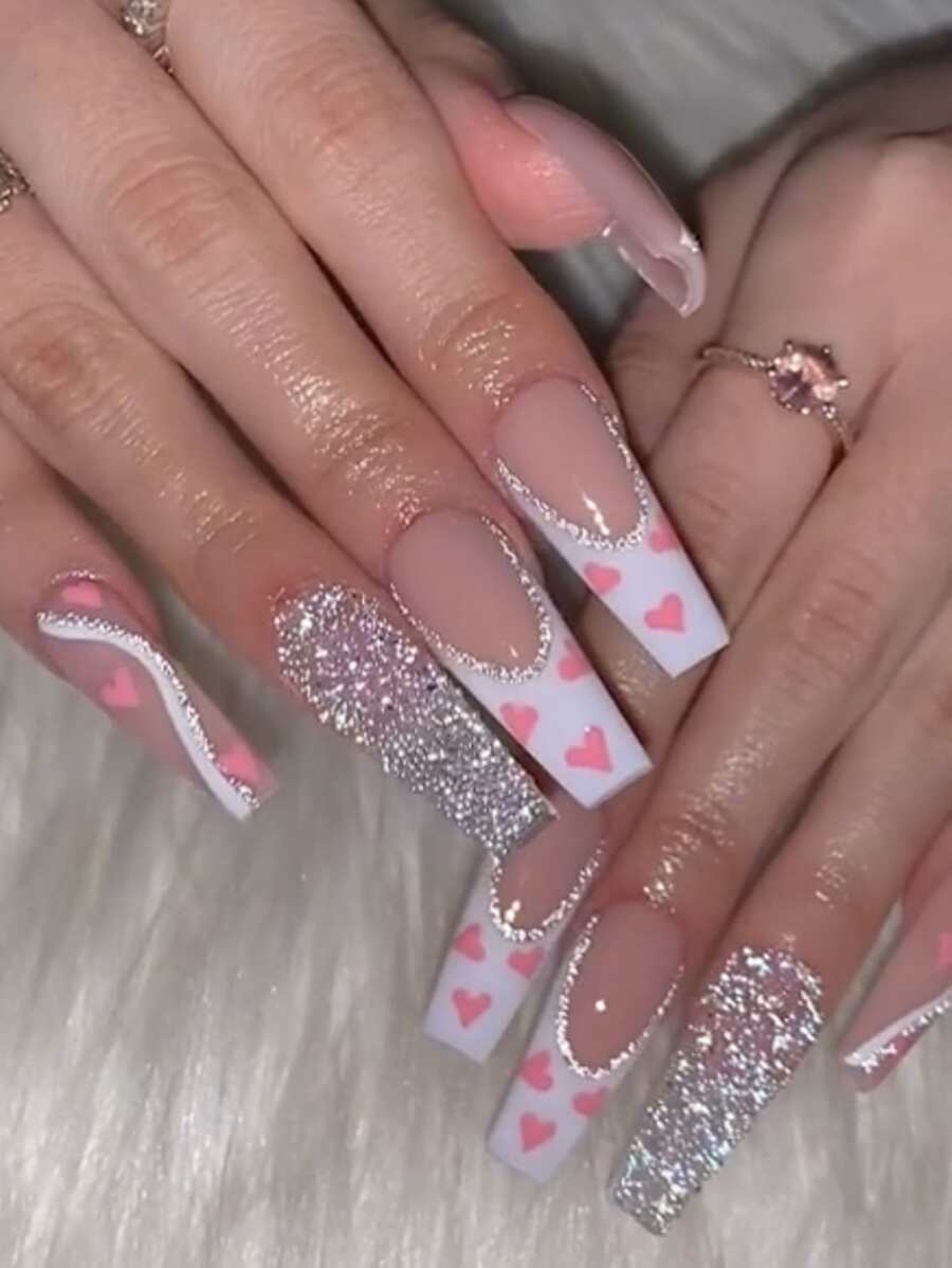 24入組/套長棺材形狀閃閃發光粉紅色熱門女孩風格指彩,愛情心形碎片閃亮歐美ins風格指甲貼,附1片指甲文件,1片果凍膠 - 彩色 - 查看 1