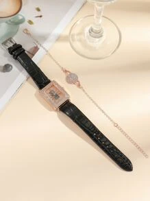 DISU 1 pieza Reloj de cuarzo con puntero rectangular decorado con rhinestone y 1 pieza pulsera como regalo para estudiantes que regresan a la escuela - Negro - Ver 6