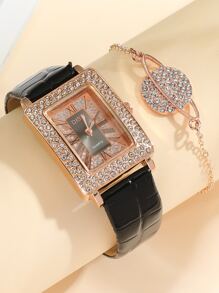DISU 1 pieza Reloj de cuarzo con puntero rectangular decorado con rhinestone y 1 pieza pulsera como regalo para estudiantes que regresan a la escuela - Negro - Ver 4