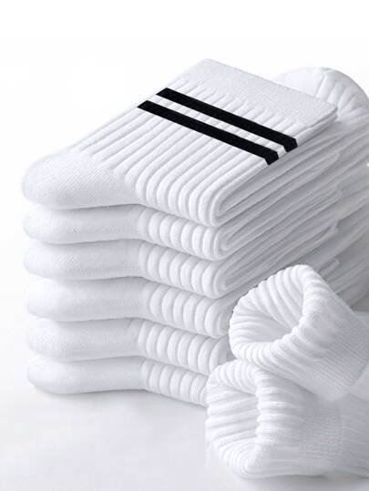 6pairs Men's Stripe Mid-calf Socks, Unisex, White, One Size Fits Eu 35-43