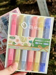 6 支香味双头荧光笔，带柔软方形头，适合学生做笔记、绘画、涂色和涂鸦。极具吸引力的价值，可爱又简单的文具记号笔 - 彩色 - 查看 7