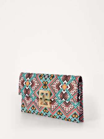 幾何圖案對比色時尚扭轉扣襟式手拿包