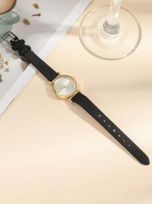1pc Black PU Polyurethane Strap Elegant Round Dial Quartz Watch, For Daily Life As A Gift For Students Returning To School
