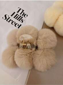 1pc Women's Stylish Plush Hair Claw Clip In Faux Beaver Hair Texture With Big Size Elegant And For Daily Use In Fall/Winter - Khaki - View 7