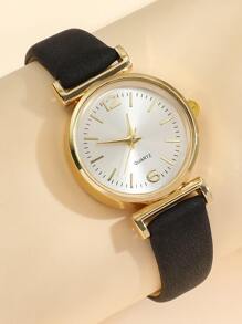 1pc Black PU Polyurethane Strap Elegant Round Dial Quartz Watch, For Daily Life As A Gift For Students Returning To School
