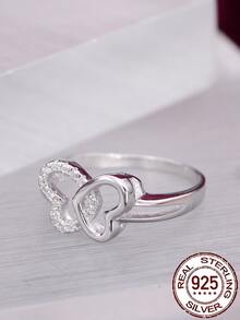 1 Anillo De Plata S925 Para Mujer Con Incrustaciones De Piedras Preciosas Con Patrón De Corazón Y Mariposa - Plateado - Ver 4