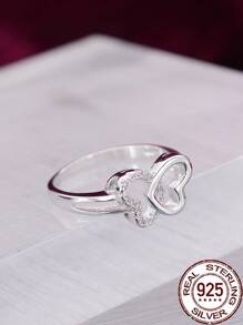 1 Anillo De Plata S925 Para Mujer Con Incrustaciones De Piedras Preciosas Con Patrón De Corazón Y Mariposa - Plateado - Ver 3