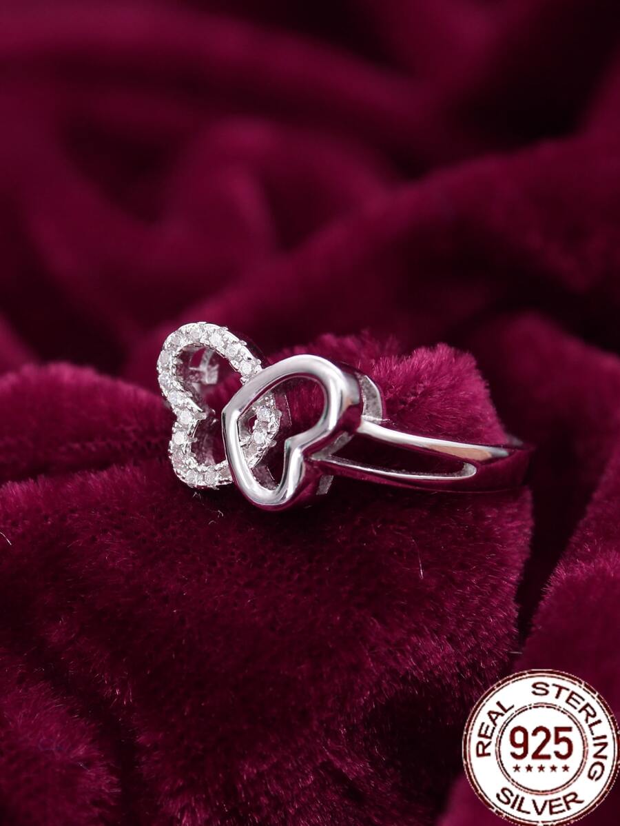 1 Anillo De Plata S925 Para Mujer Con Incrustaciones De Piedras Preciosas Con Patrón De Corazón Y Mariposa - Plateado - Ver 1