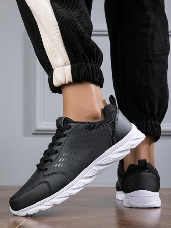 New Pu Leather Men's Shoes Waterproof Lightweight Breathable Casual Shoes Anti-odor, Soft Sole Travel Shoes For Fashionable And Comfortable Walking, Running, Hiking & Sports, Color: Black