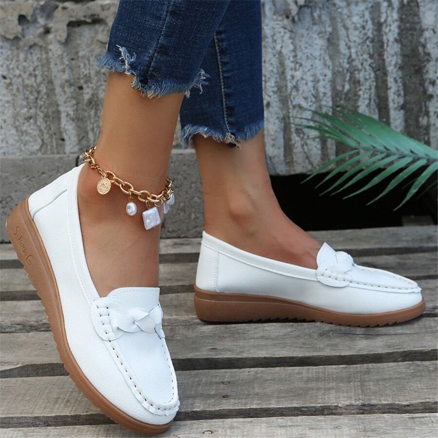 Zapatos Casuales De Cuña Sin Cordon Para Mujeres De Color Sólido - Blanco - Ver 1
