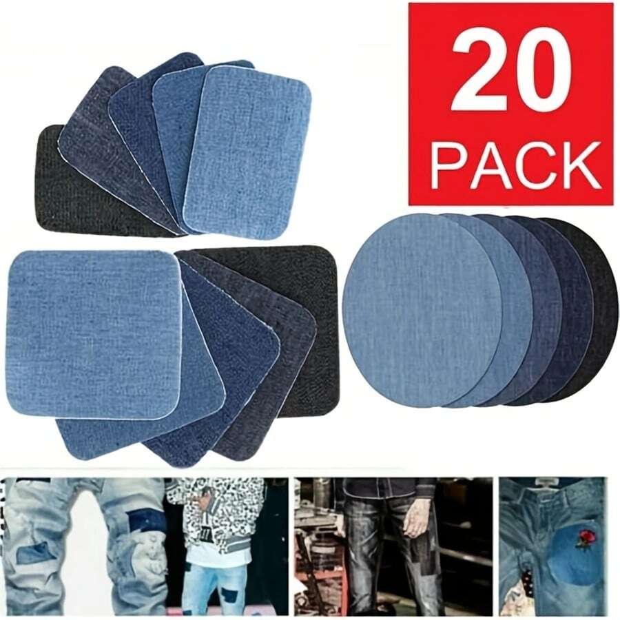 20pcs Denim Cloth Patches With Adhesive Backing, Embroidered Rectangular & Oval Elbow And Knee Fabric Appliques, DIY Craft Supplies