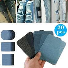 20pcs Denim Cloth Patches With Adhesive Backing, Embroidered Rectangular & Oval Elbow And Knee Fabric Appliques, DIY Craft Supplies