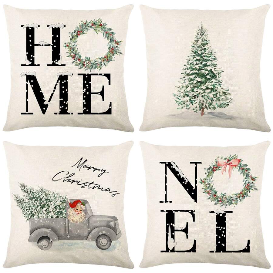 4pcs/set Christmas Theme Pillow Cover, Square Cushion Cover With Christmas Tree Print, Decorative Pillowcase For Living Room Bedroom Sofa Home Decoration Party Decoration (pillow Core Not Included) 17.7in*17.7in - Green - View 1