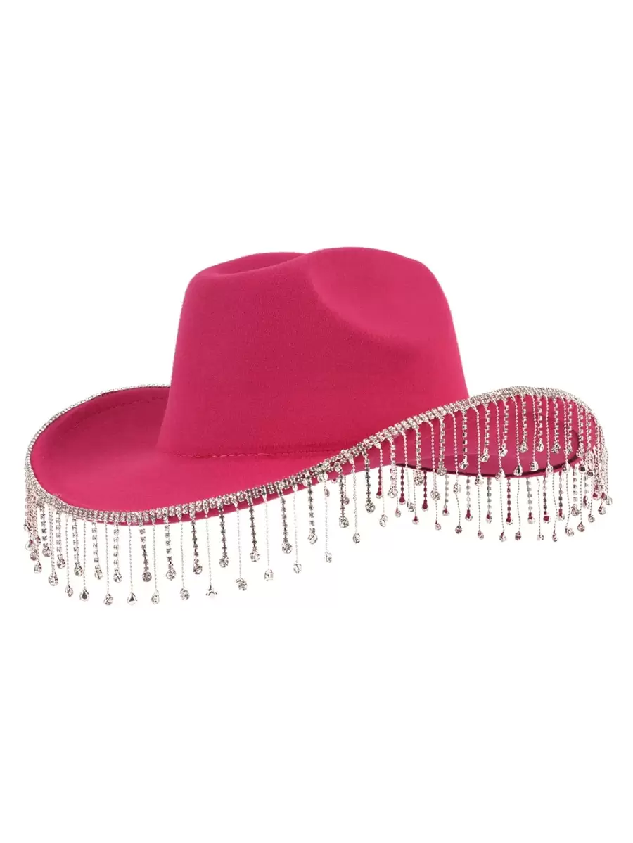 1pc Western Cowboy Hat, Luxury Rhinestone Decorated Jazz Hat With Tassels, Solid Color Soft Woolen Hat, Fashionable Women's Party Accessory
