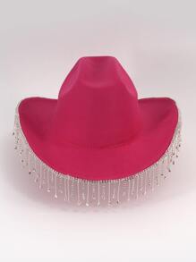 1pc Western Cowboy Hat, Luxury Rhinestone Decorated Jazz Hat With Tassels, Solid Color Soft Woolen Hat, Fashionable Women's Party Accessory - Hot Pink - View 3