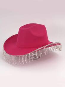 1pc Western Cowboy Hat, Luxury Rhinestone Decorated Jazz Hat With Tassels, Solid Color Soft Woolen Hat, Fashionable Women's Party Accessory - Hot Pink - View 5