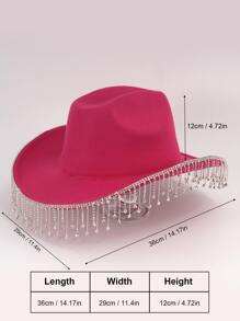 1pc Western Cowboy Hat, Luxury Rhinestone Decorated Jazz Hat With Tassels, Solid Color Soft Woolen Hat, Fashionable Women's Party Accessory - Hot Pink - View 4