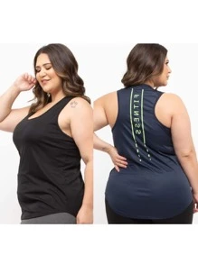 Kit 2 Regatas Femininas Plus Size Academia Dry Fit Estampada Fitness - Azul Marinho - Visão 1