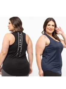 Kit 2 Regatas Femininas Plus Size Academia Dry Fit Estampada Fitness - Azul Marinho - Visão 2