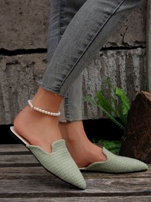 Women's Fashionable Spring And Autumn Pointed Toe Mules, Comfortable Flat Slip-on Shoes - Green - View 2