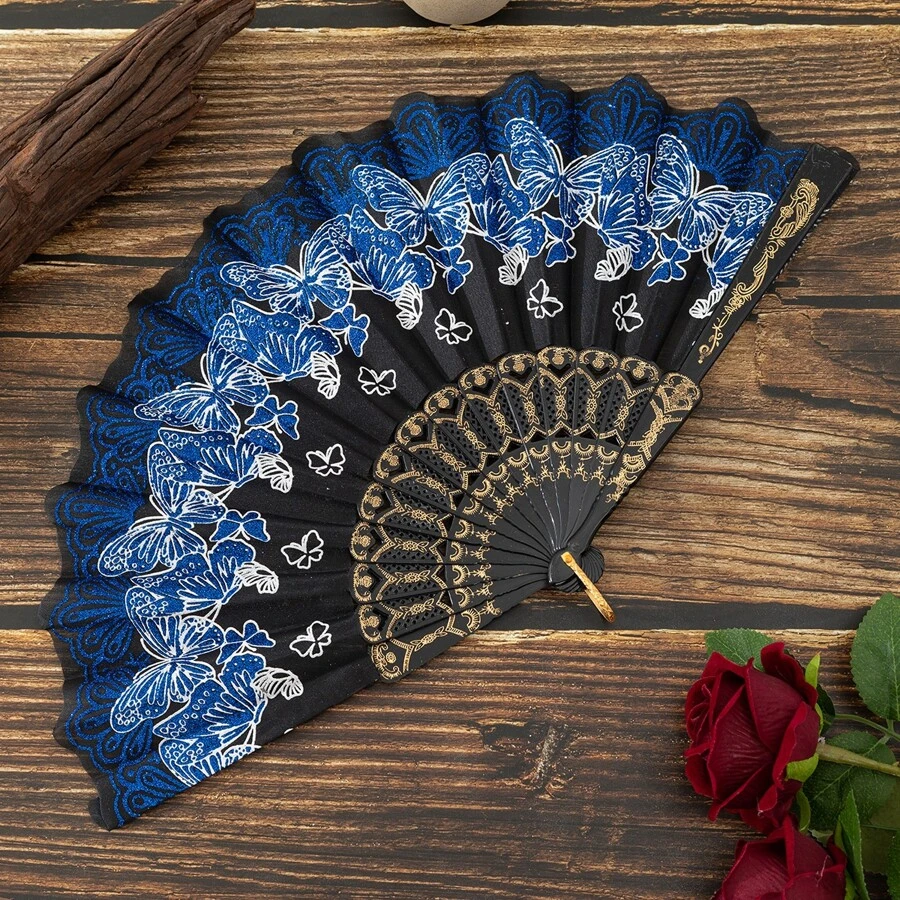 1pc Women's Butterfly Shaped Embroidered Fan With Plastic Ribs, Gold Poweder & Suitable For Travel, Sun Protection & Party Use - Blue - View 1