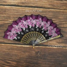 1pc Women's Butterfly Shaped Embroidered Fan With Plastic Ribs, Gold Poweder & Suitable For Travel, Sun Protection & Party Use - Blue - View 3
